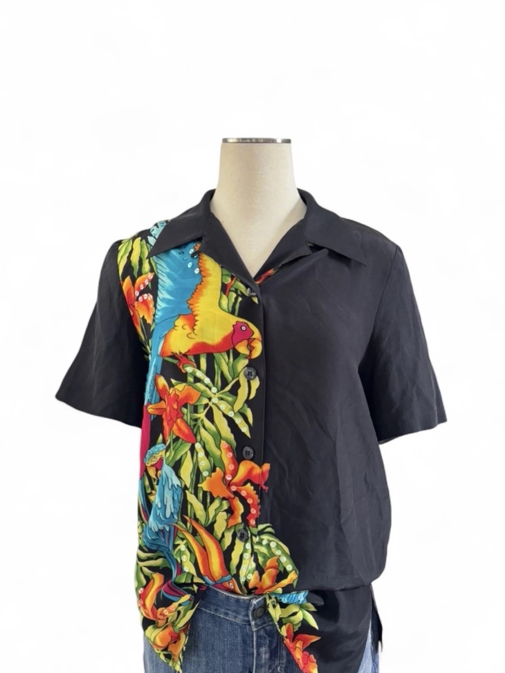Vintage Diane Gilman 100% Silk Tropical Parrot Shirt Button Up Black Colorful S